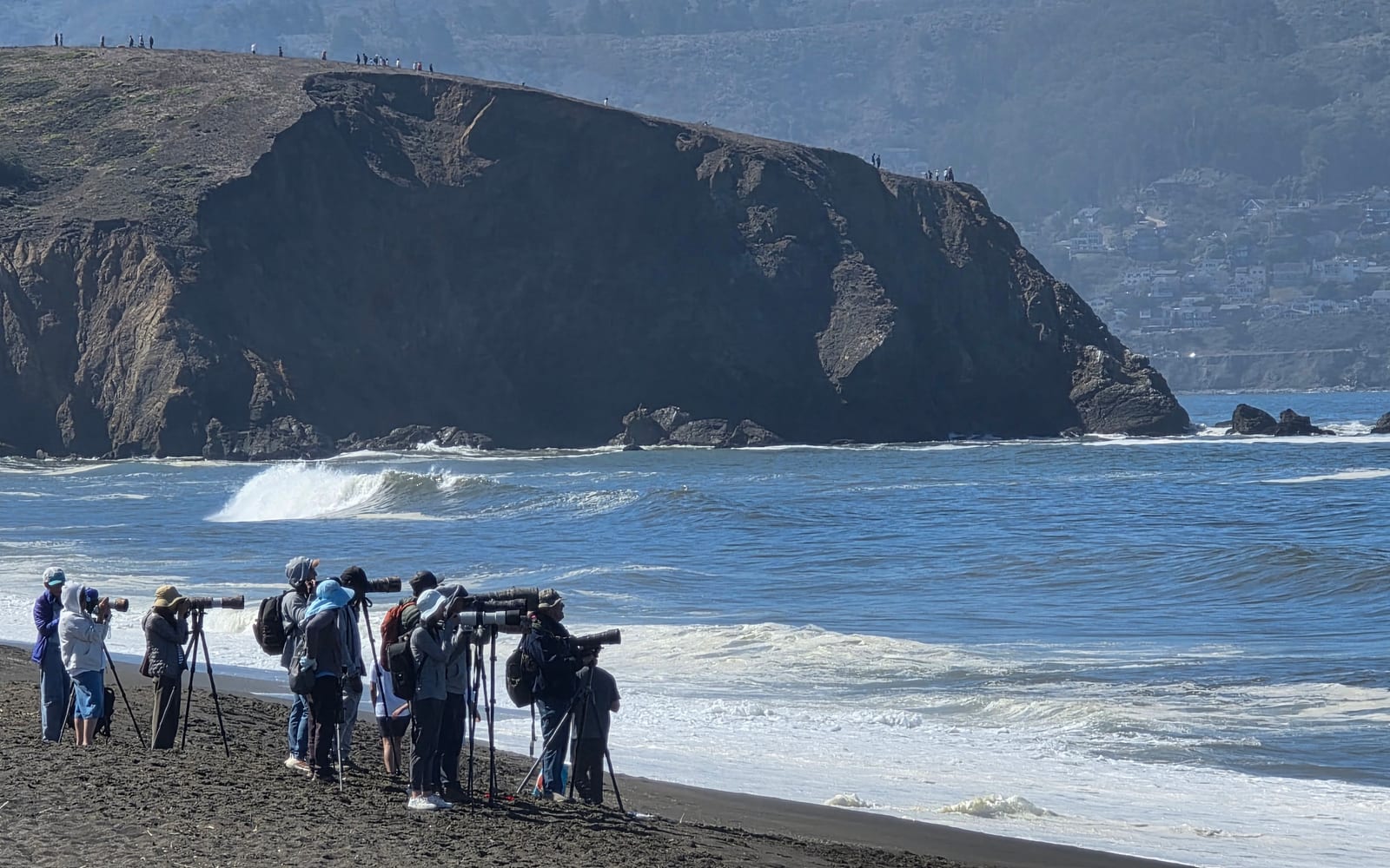 Community members observing the Pacific Ocean with long lenses and tripods